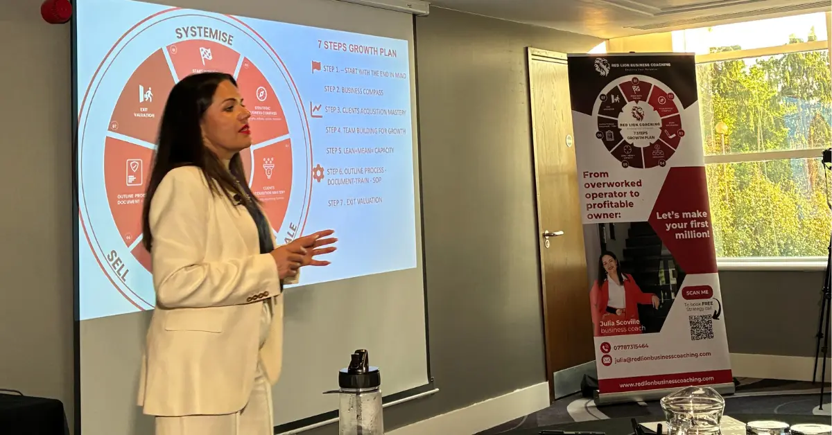Julia Scoville presenting her 7 Steps Growth Plan at Crawley Property Meet.