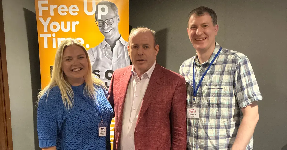 Ritchie Clapson with Crawley Property Meet hosts Rachael Bosanquet and Simon Pither at the July 2026 event