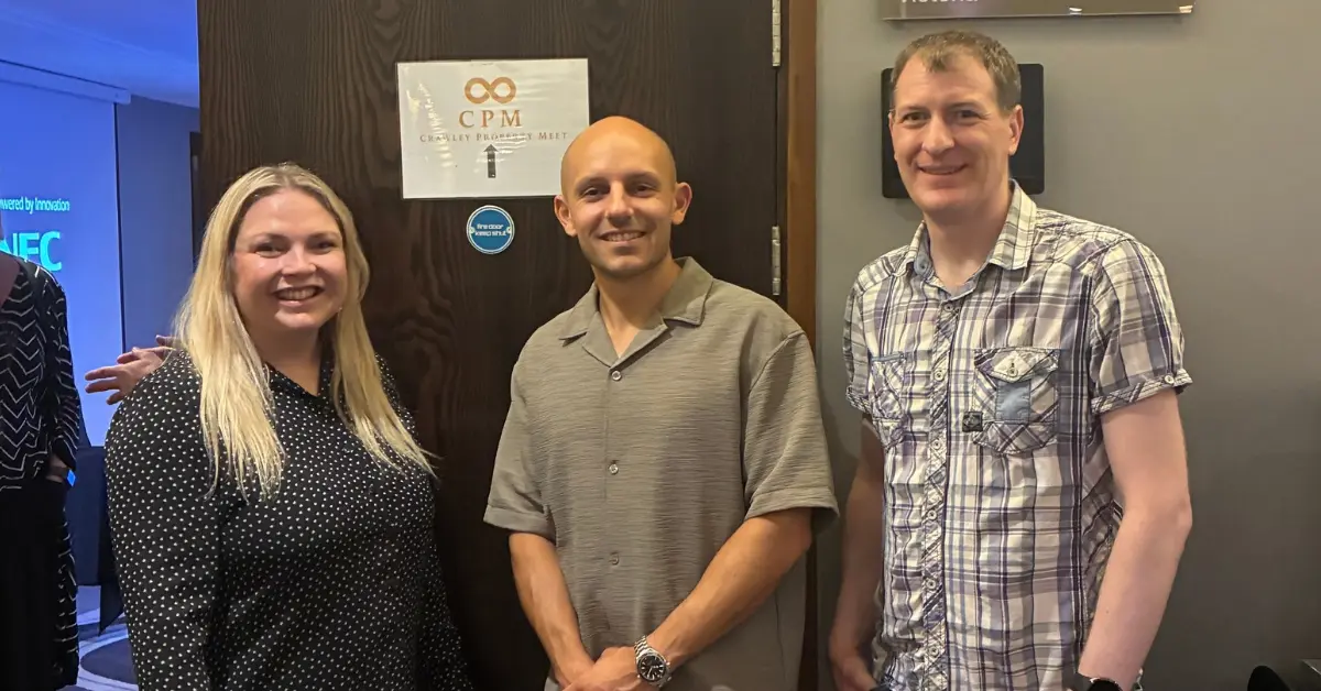 Rachael Bosanquet, Tanner H. Hicks and Simon Pither at Crawley Property Meet in September 2026